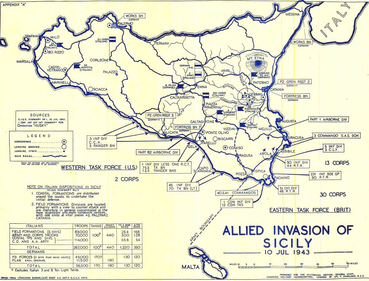 mappa operazione husky sbarco alleato 1943